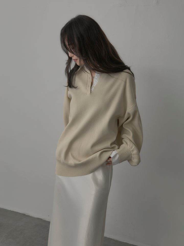 【SET】襟付きポロトップス+ナローAラインサテンスカート(2set)