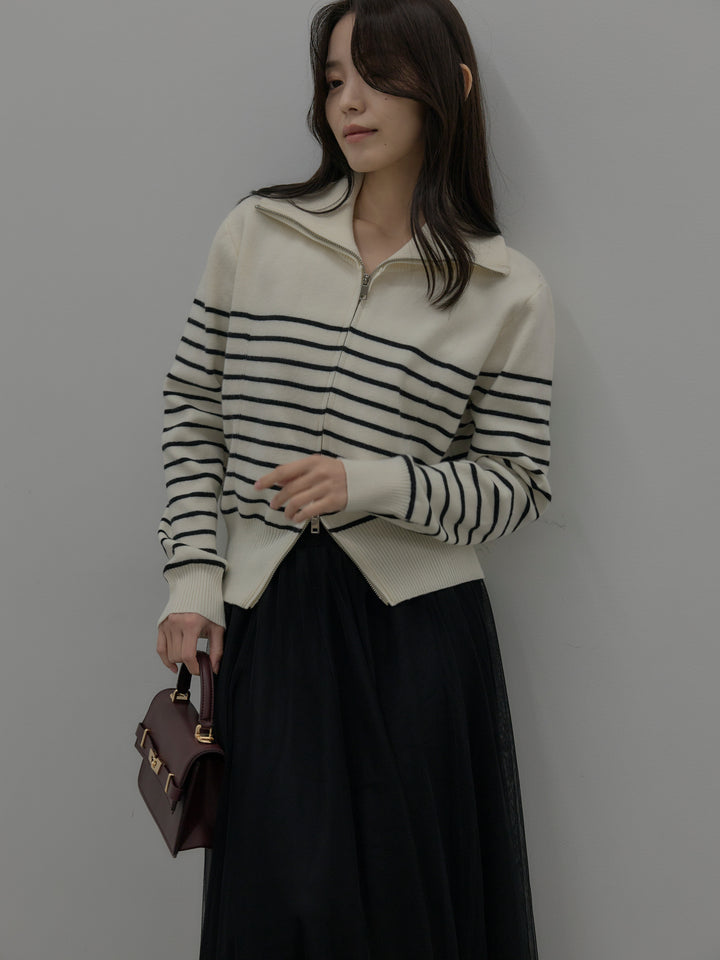 【SET】ダブルZIPハイネックボーダーニットトップス+ボリュームチュールスカート(2set)