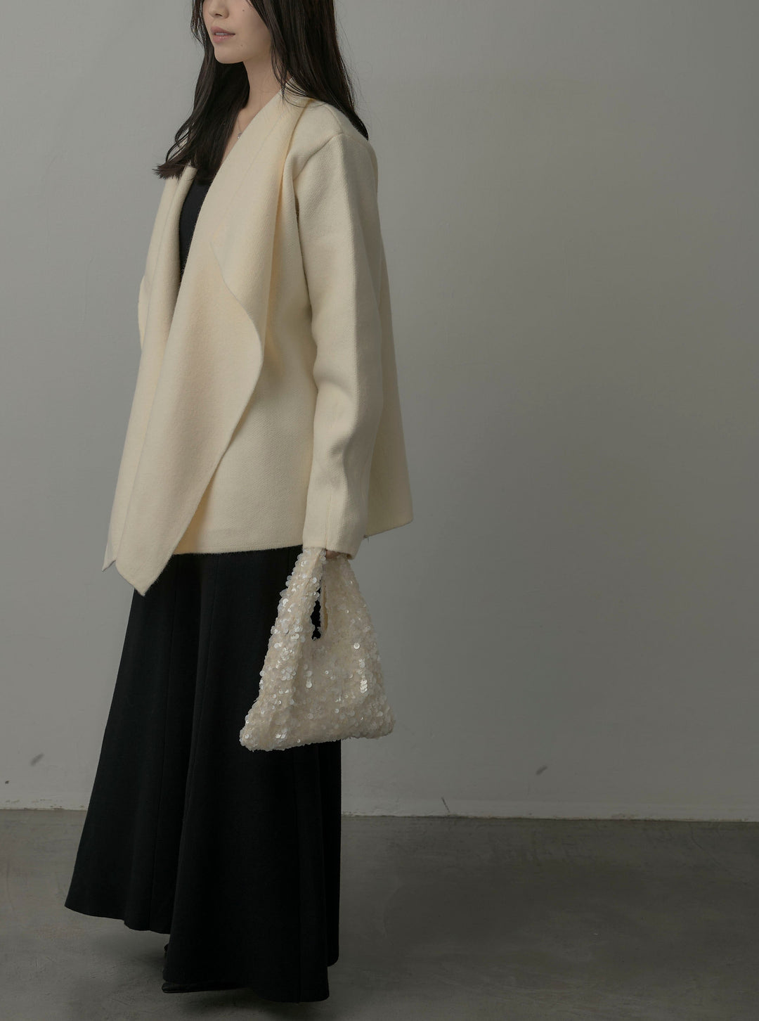 【SET】ショールカラーニットカーディガン+Vネックニットロングワンピース(2set)