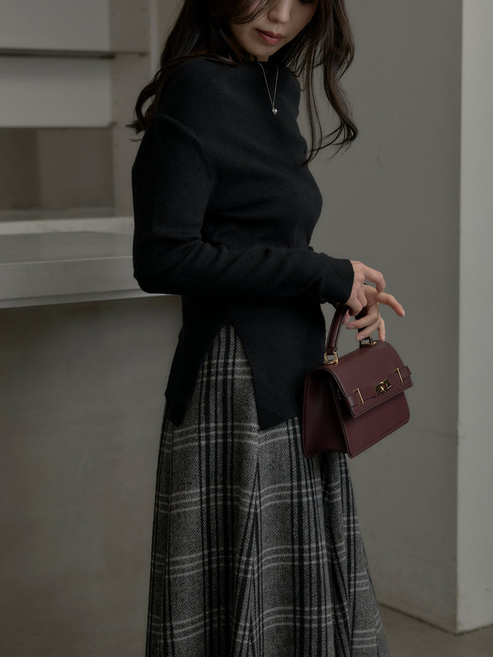 【SET】サイドスリットボートネックニットトップス+【Essential】クラシカルチェックウールタッチスカート(2set)