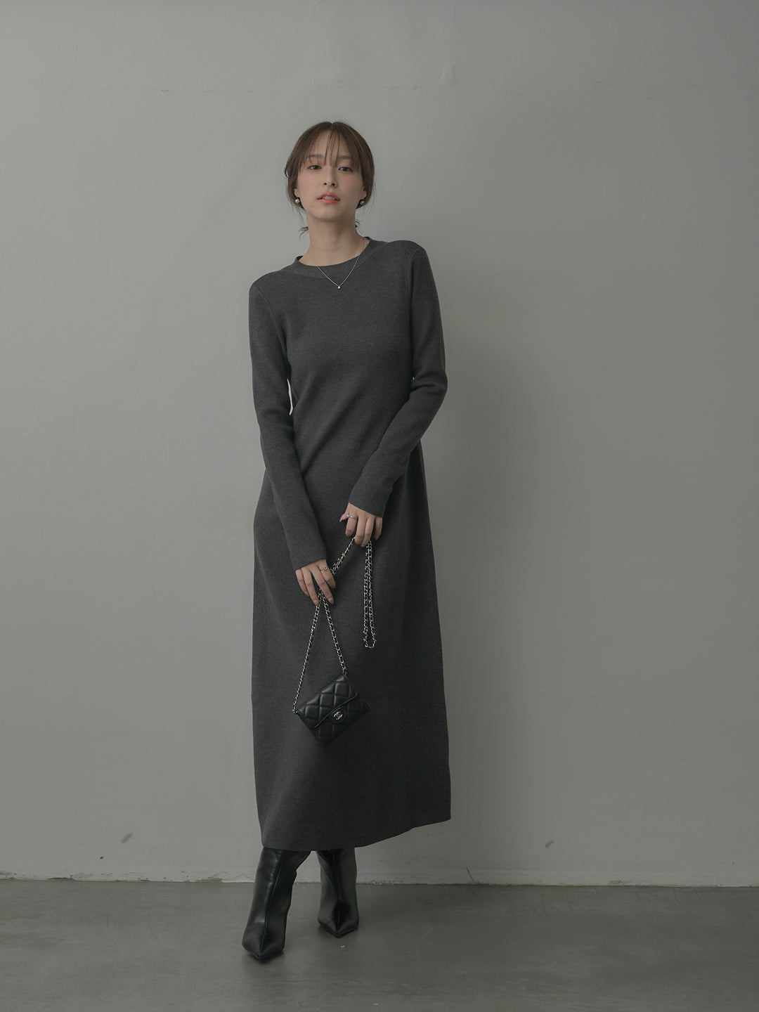 バックリボンニットロングワンピース