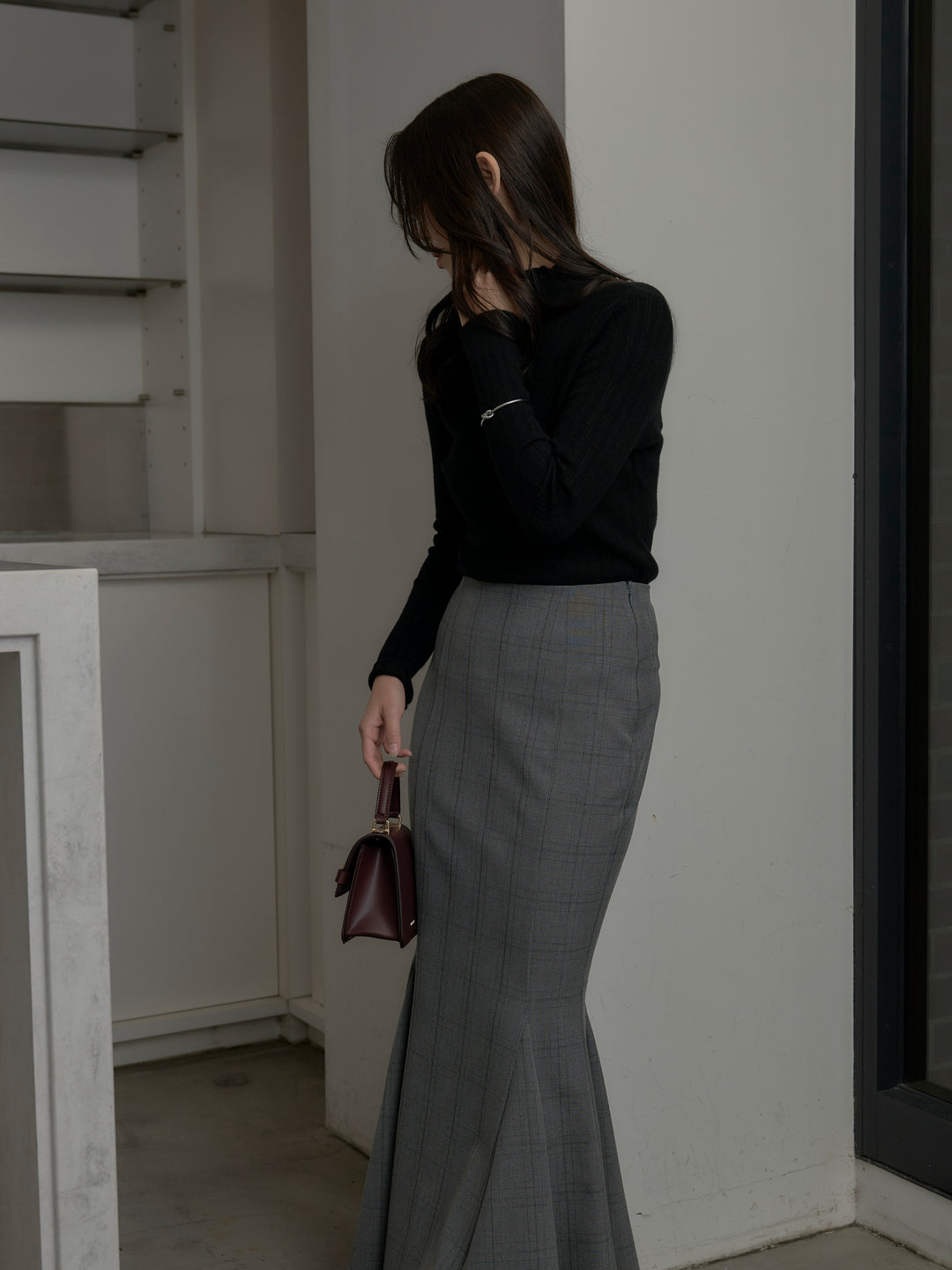 【SET】リブニットタートルネック+【Essential】チェック柄マーメイドスカート(2set)