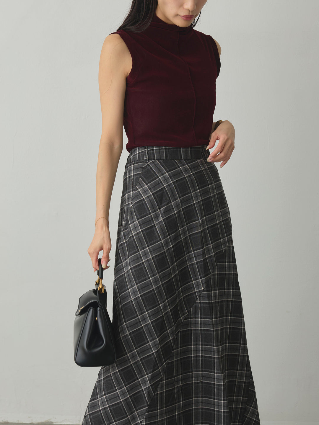 【SET】メッシュベロアノースリーブトップス+クラシカルチェックパネルスカート(2set)
