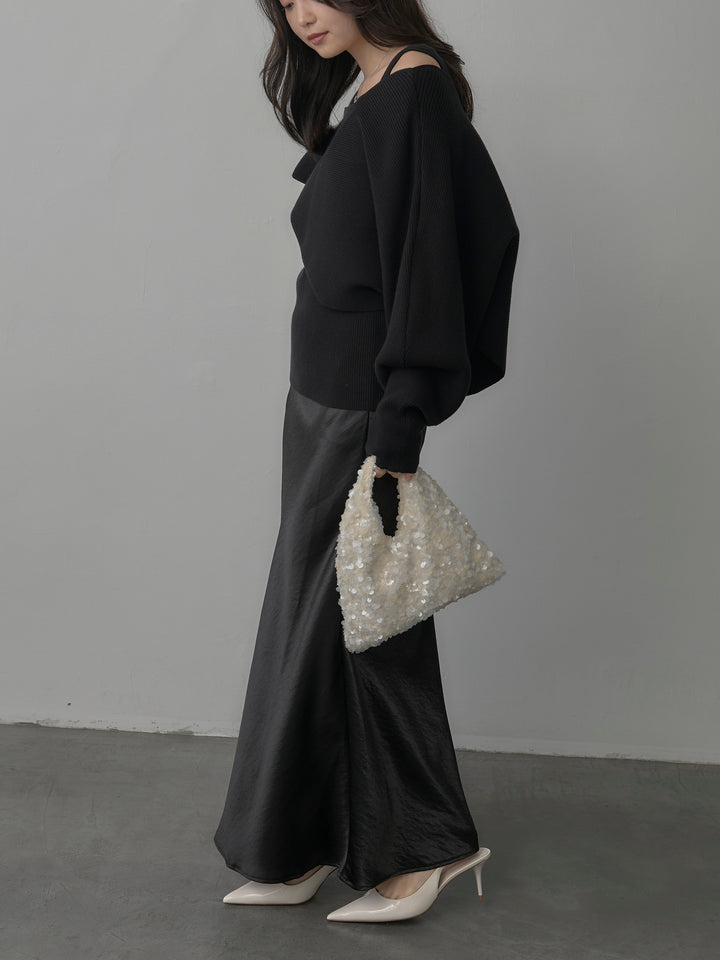 【SET】タンク付きクロスデザインニットプルオーバー+ナローAラインサテンスカート(2set)