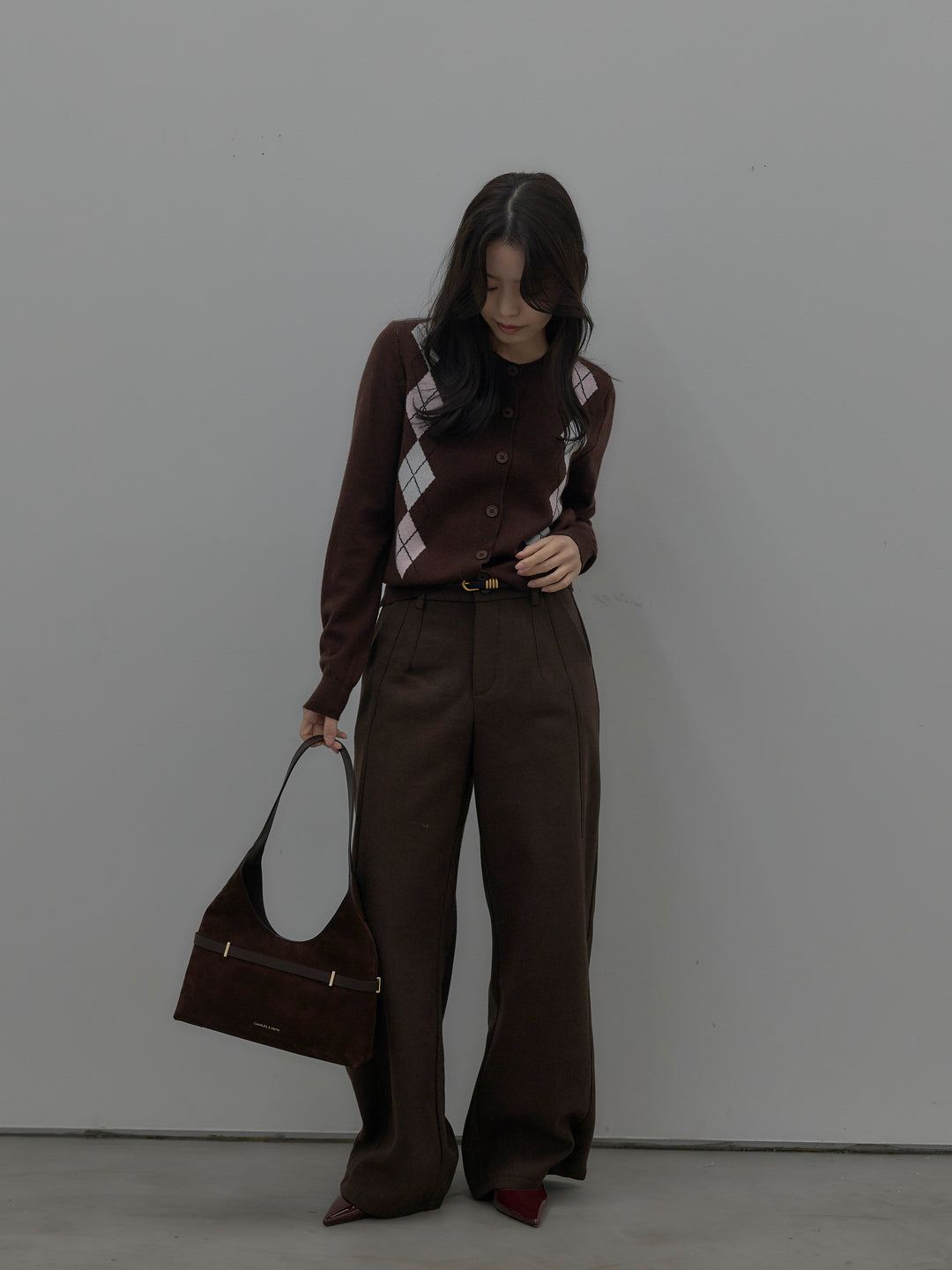 【SET】アーガイル柄ニットカーディガン+裏起毛デザインワイドパンツ(2set)