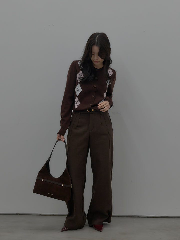 【SET】アーガイル柄ニットカーディガン+裏起毛デザインワイドパンツ(2set)