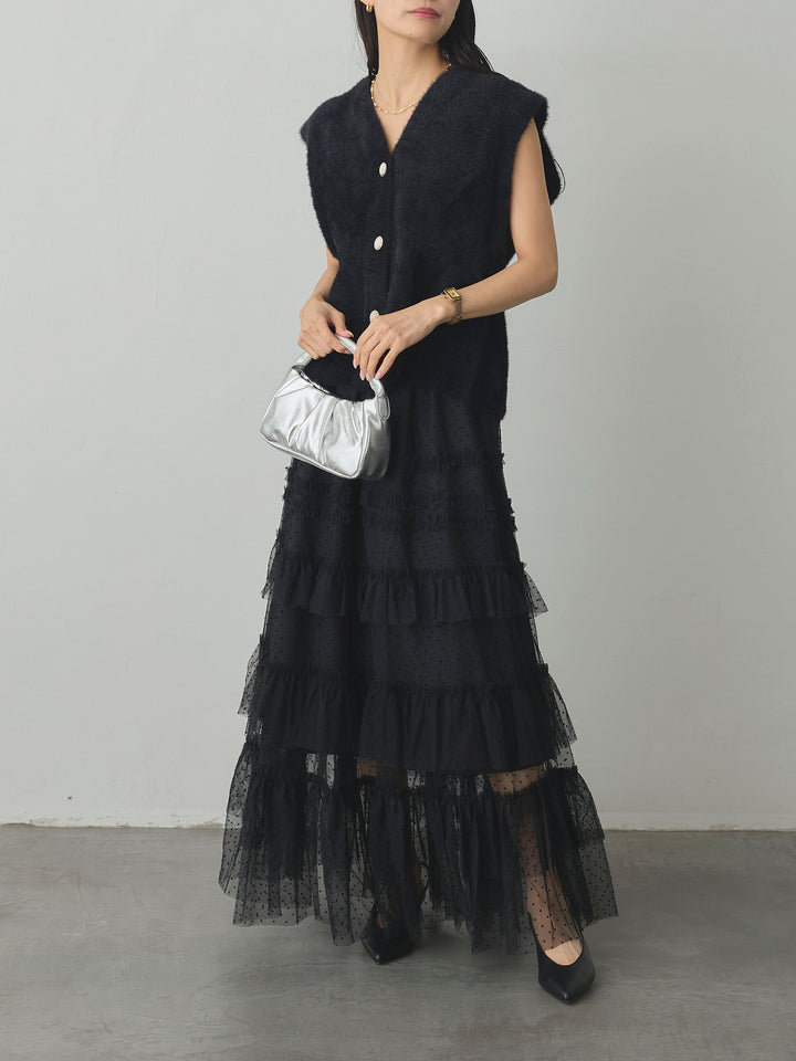 【SET】シャギーニットペプラムベスト+ドットチュールティアードスカート(2set)