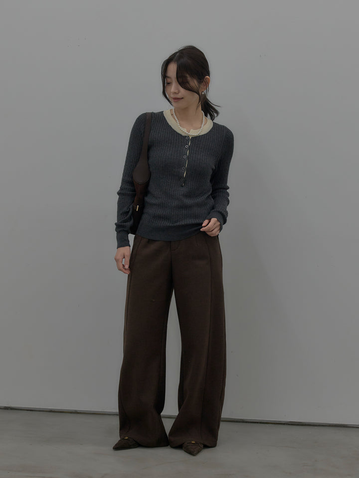 【SET】配色ケーブル編みニットトップス+裏起毛デザインワイドパンツ(2set)