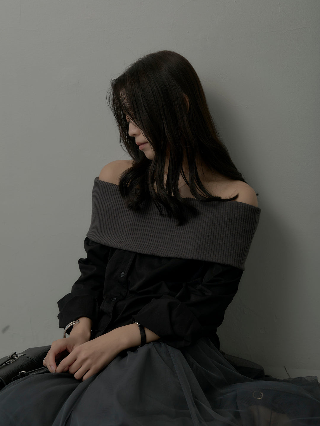 ニットシャツドッキングオフショルトップス