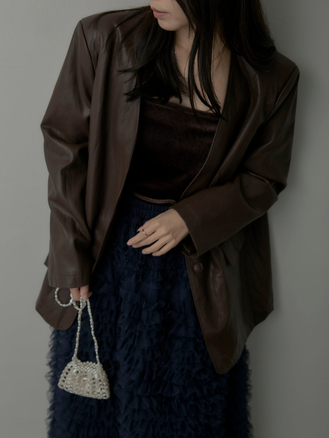 【SET】レザーノーカラージャケット+ドラマチックフリルチュールスカート(2set)