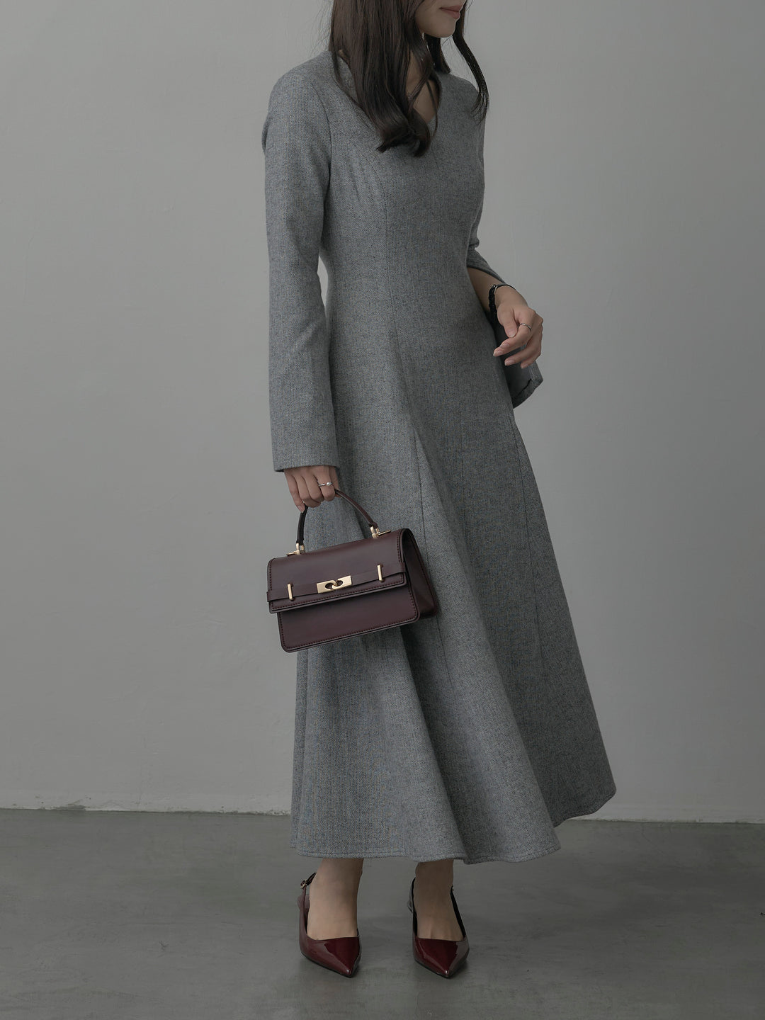 【Essential】2wayスリーブヘリンボーンフレアワンピース