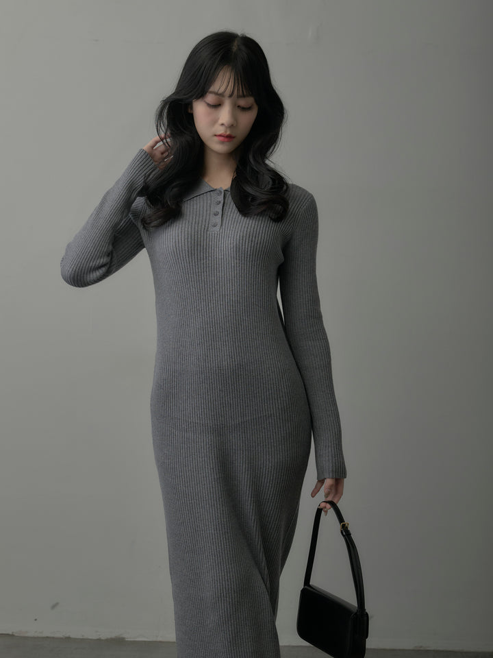 ポロ襟リブニットワンピース