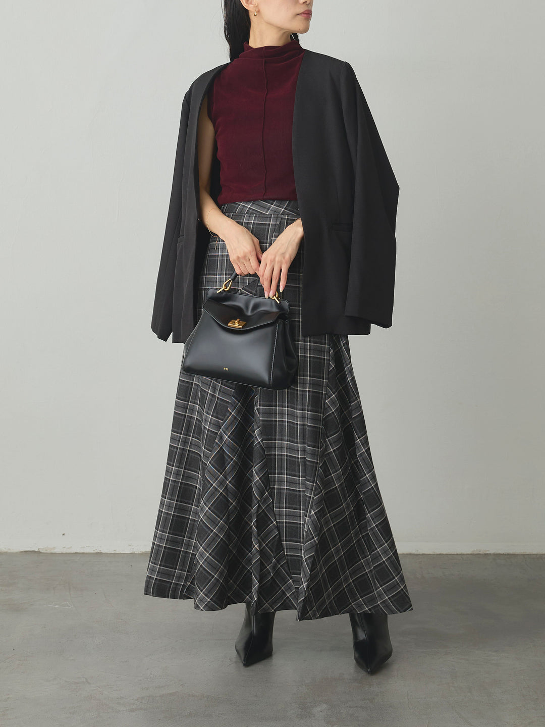 【SET】【Essential】フロントホックノーカラージャケット+クラシカルチェックパネルスカート(2set)