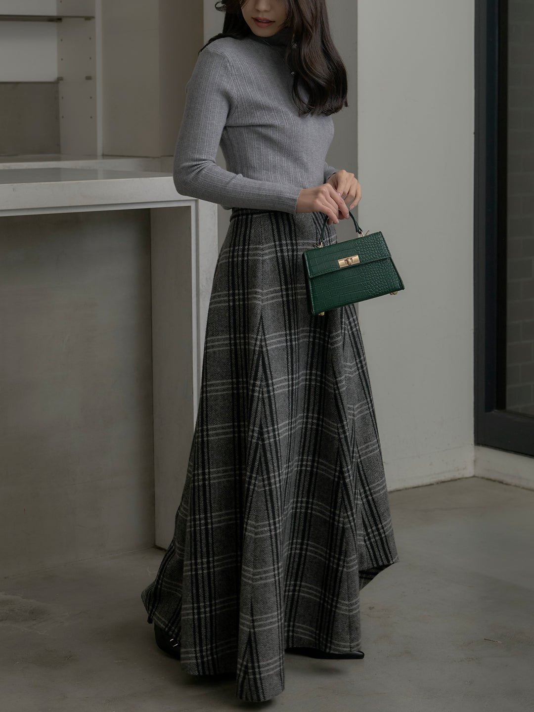 【SET】リブニットタートルネック+【Essential】クラシカルチェックウールタッチスカート(2set)