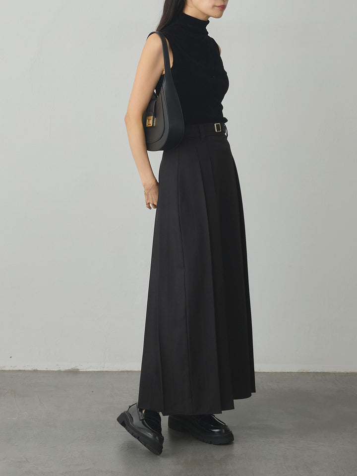 【SET】メッシュベロアノースリーブトップス+【Essential】ベルト付きサイドタックスカート(2set)