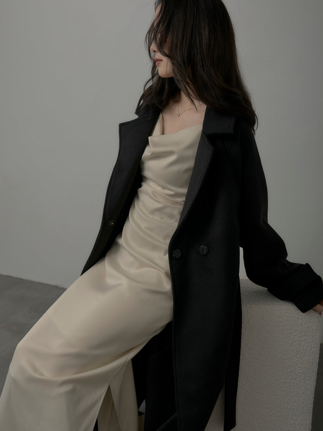 【SET】【Essential】ソフトウールリバートレンチコート+【Essential】サテンドレープキャミワンピ(2set)