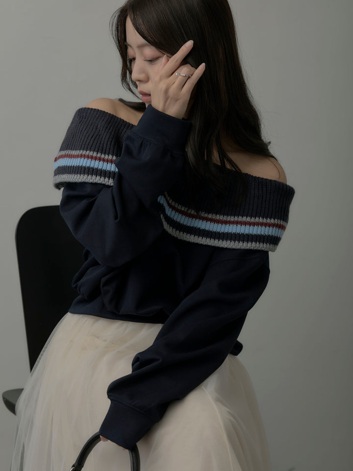 配色ボーダースウェットオフショルトップス