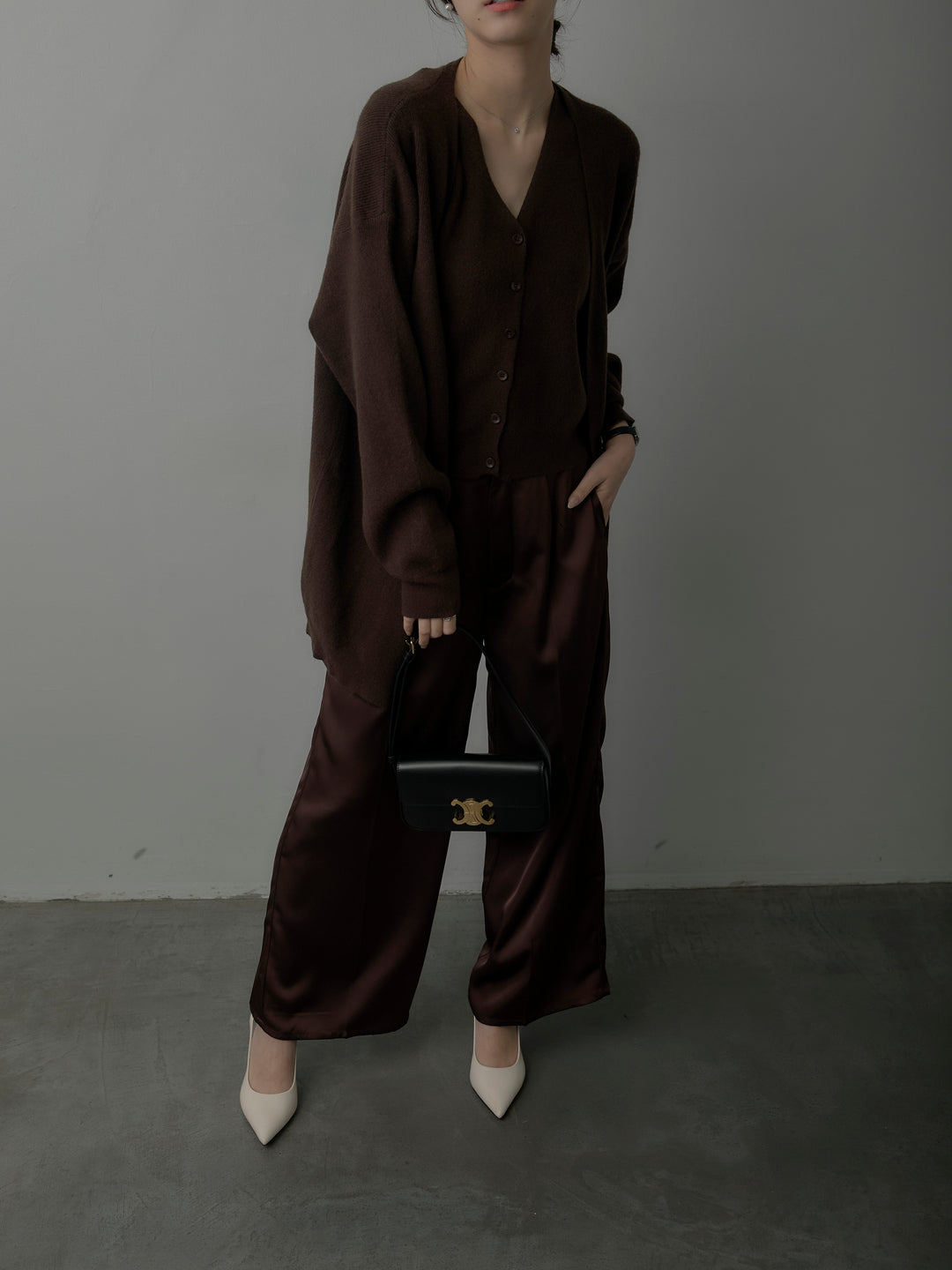 【SET】カーディガン&ニットベストアンサンブルSET+【Essential】センタープレスサテンパンツ(2set)