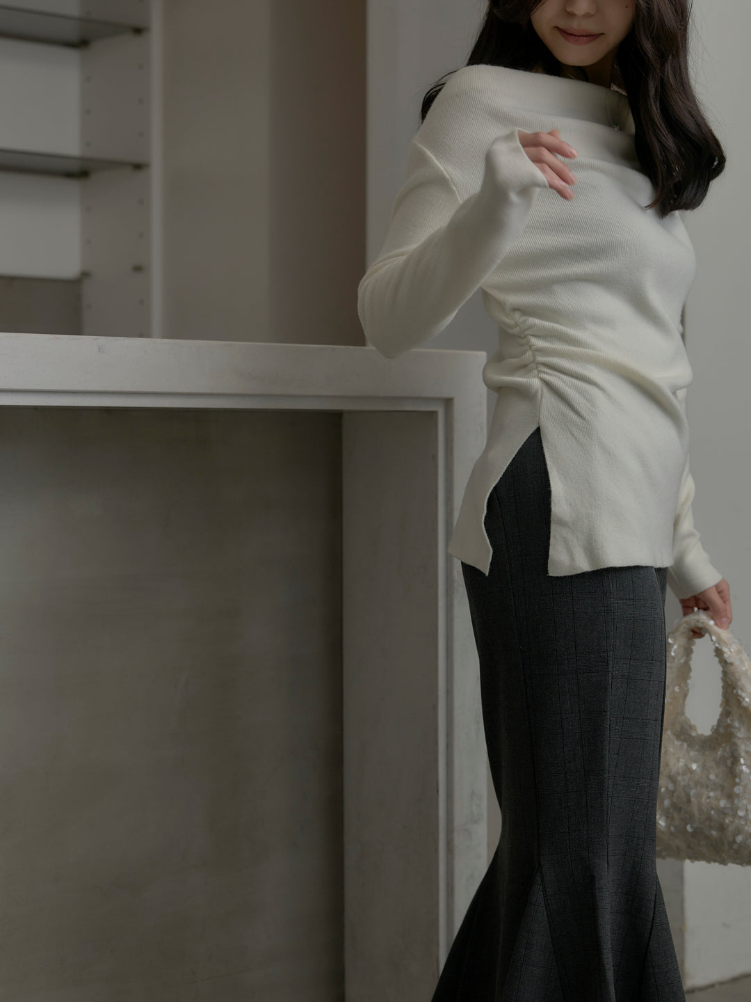 【SET】サイドスリットボートネックニットトップス+【Essential】チェック柄マーメイドスカート(2set)