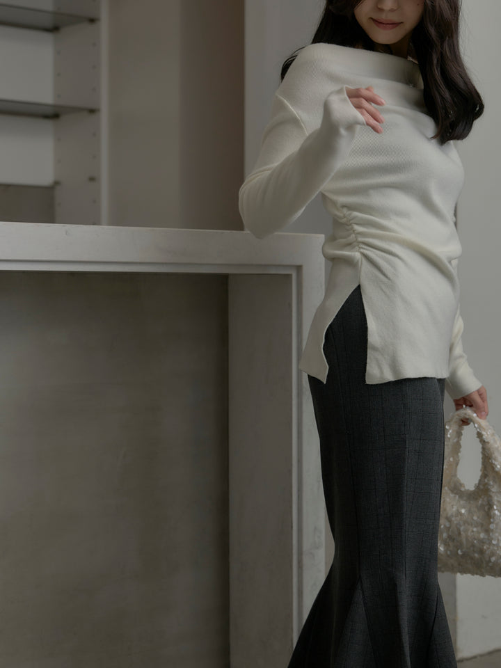 【SET】サイドスリットボートネックニットトップス+【Essential】チェック柄マーメイドスカート(2set)