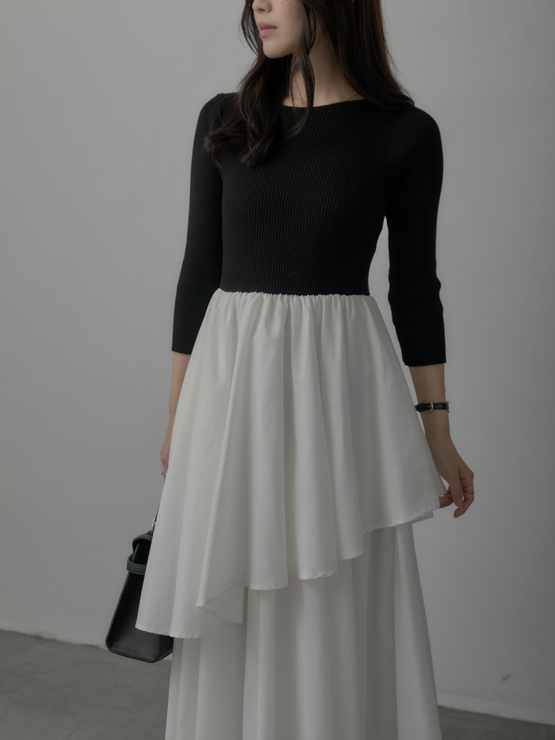 【Essential】7部袖リブドッキングワンピース