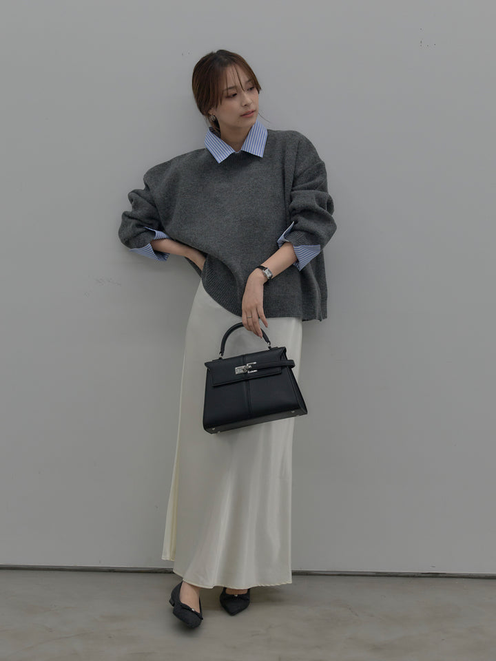 【SET】シャツドッキング肉厚ニットプルオーバー+ナローAラインサテンスカート(2set)
