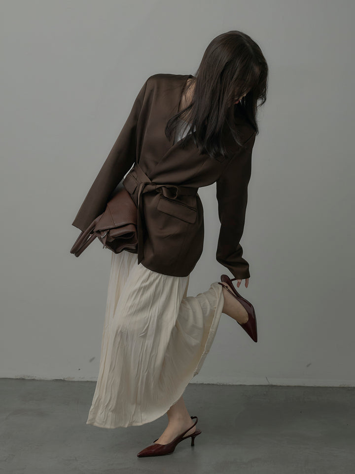 【SET】ノーカラーサテンジャケット+ベロアワッシャープリーツスカート(2set)