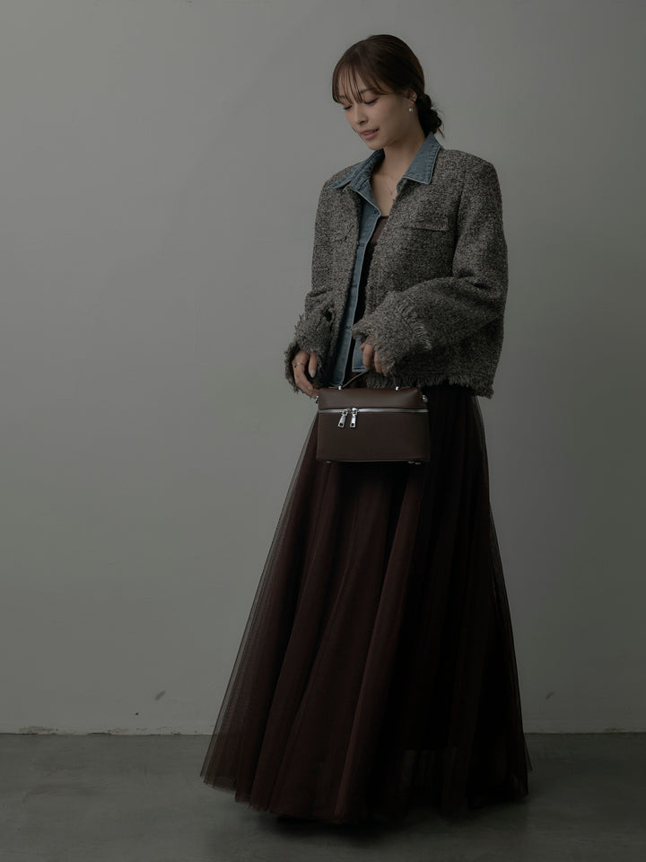 【SET】デニムドッキングオーバーサイズツイードジャケット+ボリュームチュールスカート(2set)