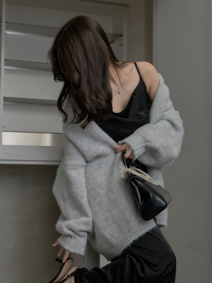 【SET】モヘアライクオーバーニットカーディガン+【Essential】サテンドレープキャミワンピ(2set)