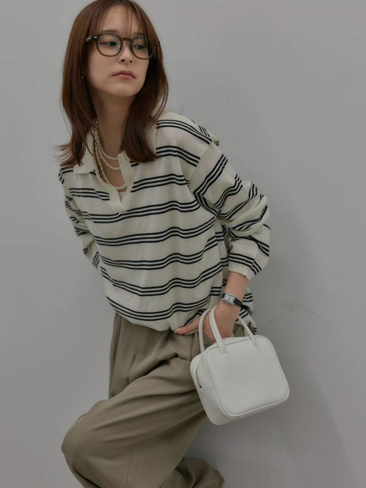 ボーダーポロ襟ニットプルオーバー