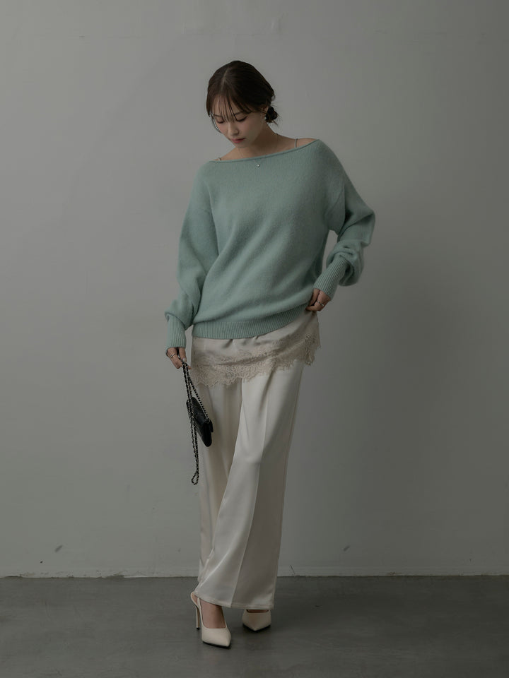 【SET】【premium touch】2wayショルダーニットプルオーバー+レースサテンキャミソール+【Essential】センタープレスサテンパンツ(3set)