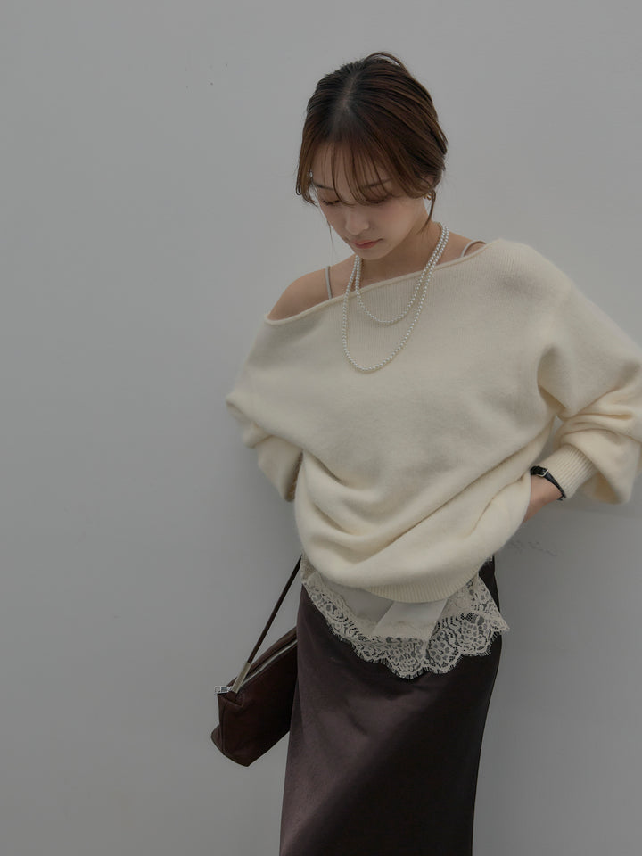 【SET】【premium touch】2wayショルダーニットプルオーバー+ナローAラインサテンスカート(2set)