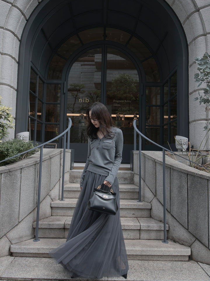 【SET】ポケットデザインリブニットトップス+ボリュームチュールスカート(2set)