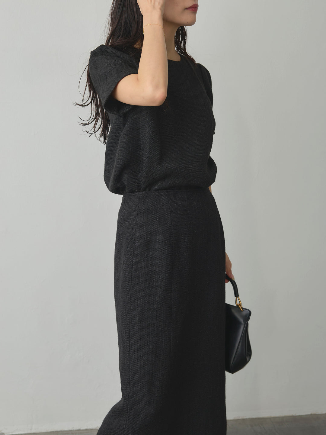 【SET】【Essential】ツイードハーフスリーブトップス+【Essential】ツイードペンシルスカート(2set)