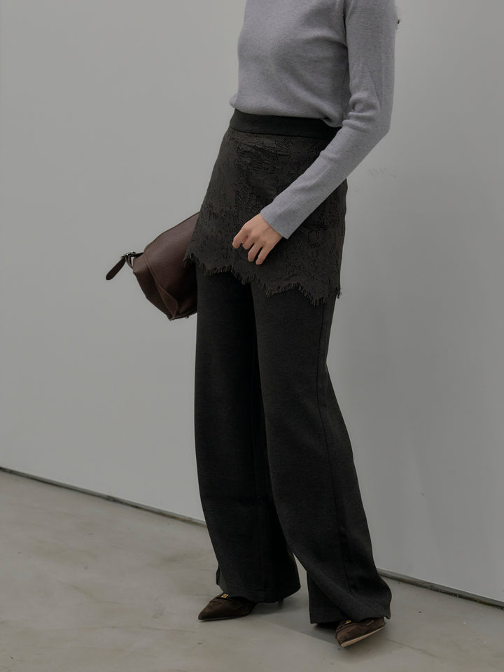 【SET】ベーシックリブタートルネック+レースレイヤードセミフレアパンツ(2set)