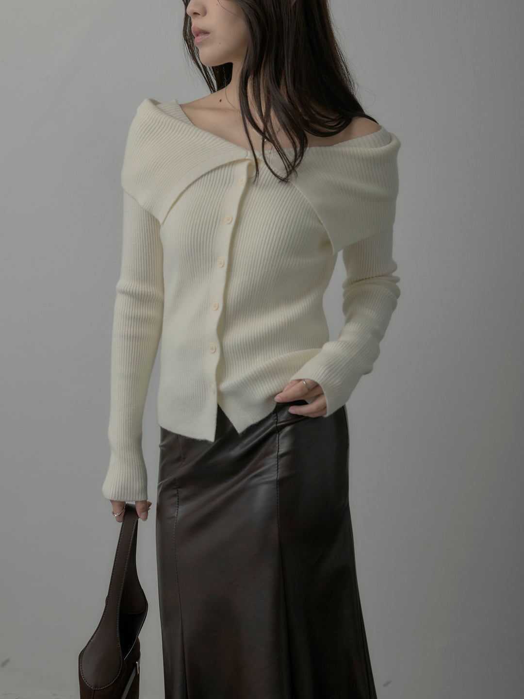 【SET】オフショルライクリブニットトップス+レザーマーメイドスカート(2set)