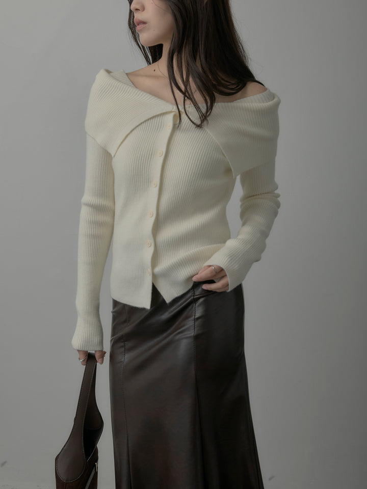 【SET】オフショルライクリブニットトップス+レザーマーメイドスカート(2set)