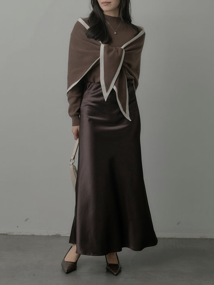 【SET】配色スカーフ付きニットトップス+ナローAラインサテンスカート(2set)