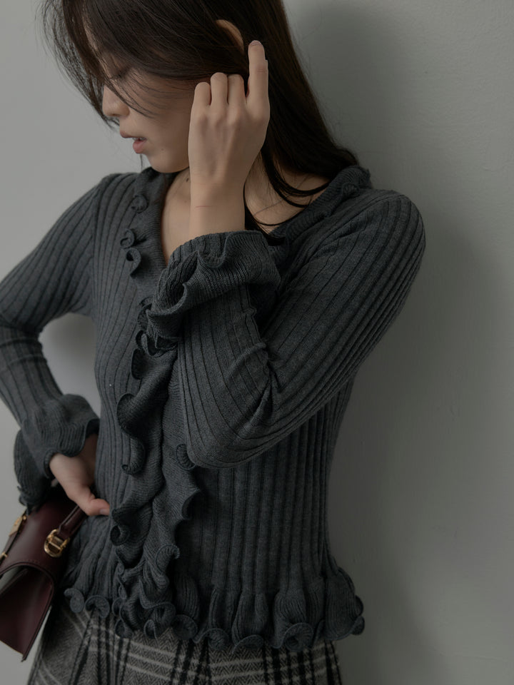 【SET】Vネックフリルデザインニットトップス+【Essential】クラシカルチェックウールタッチスカート(2set)