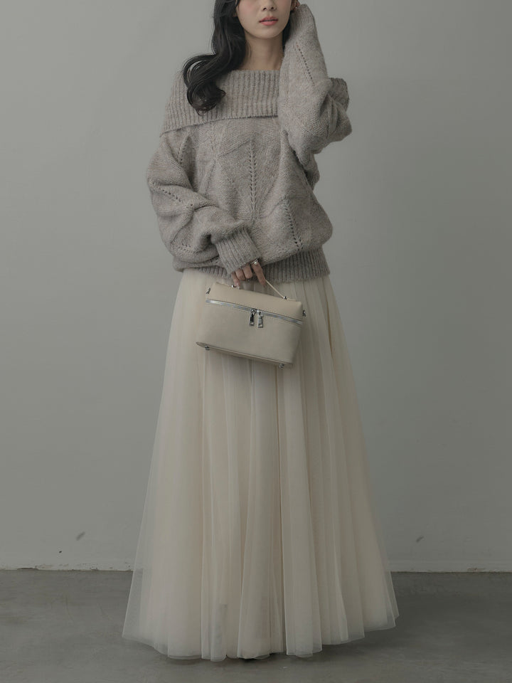 【SET】メランジニットオフショルトップス+ボリュームチュールスカート(2set)