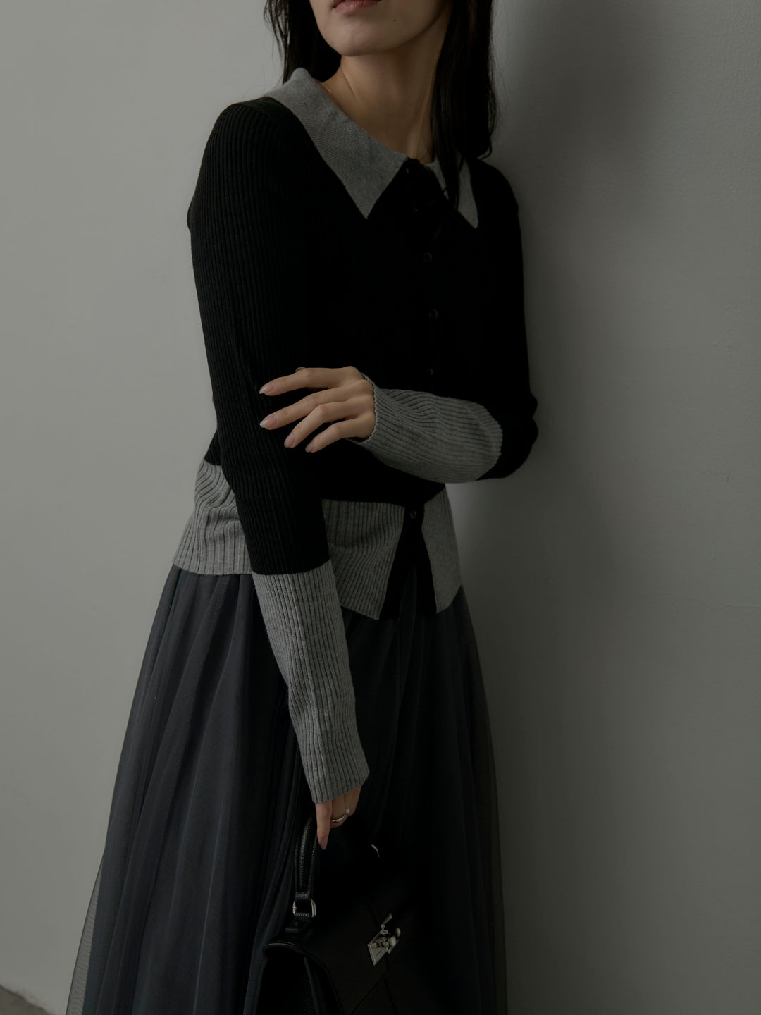 【SET】バイカラーリブニットポロトップス+ボリュームチュールスカート(2set)