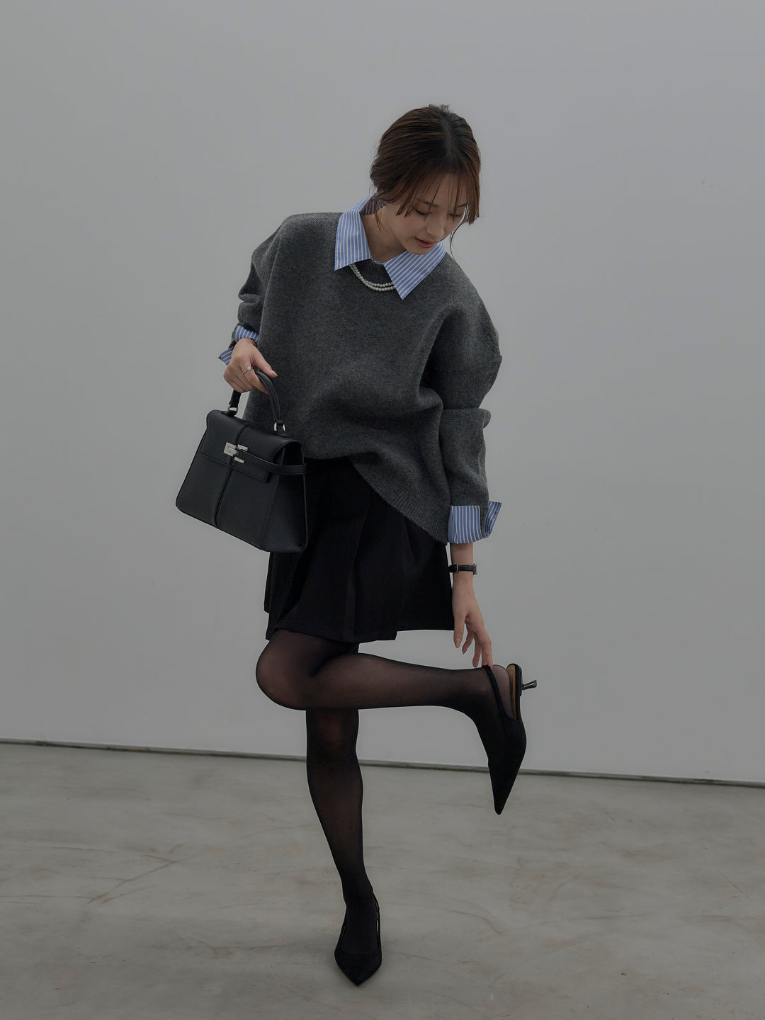 【SET】シャツドッキング肉厚ニットプルオーバー+ベルト付きプリーツミニスカート(2set)