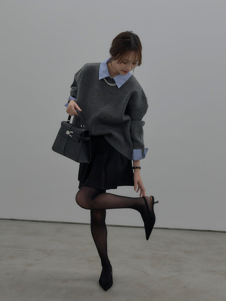【SET】シャツドッキング肉厚ニットプルオーバー+ベルト付きプリーツミニスカート(2set)