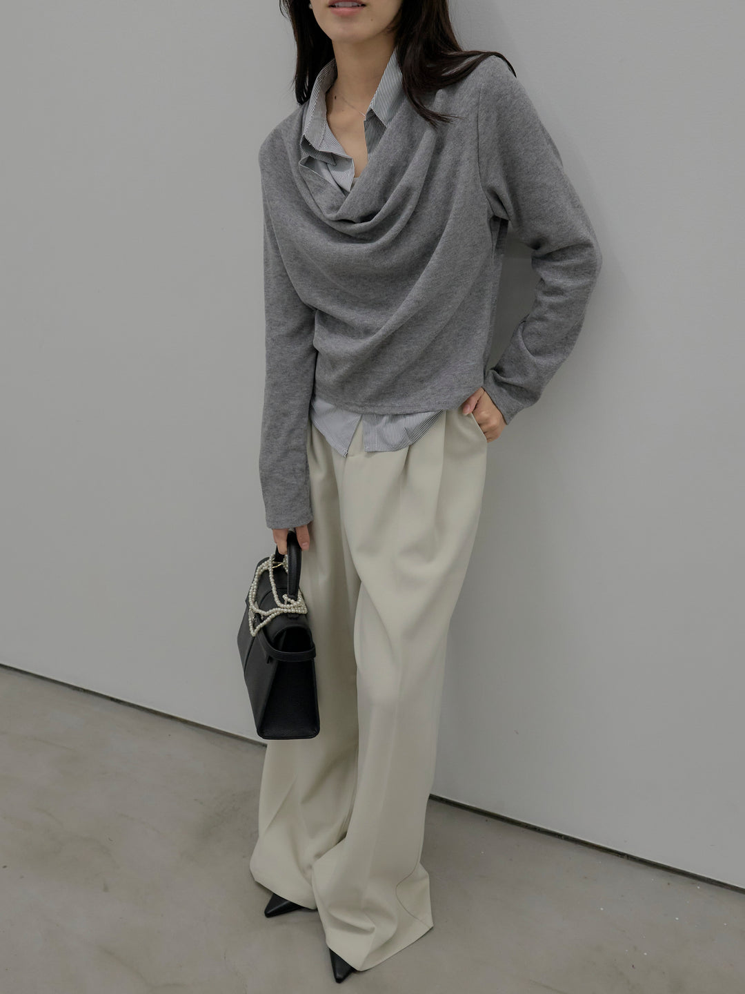 【SET】シャツレイヤードドレープニットトップス+デザインタックワイドパンツ(2set)