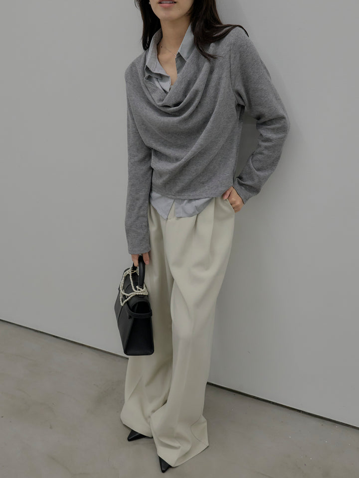 【SET】シャツレイヤードドレープニットトップス+デザインタックワイドパンツ(2set)