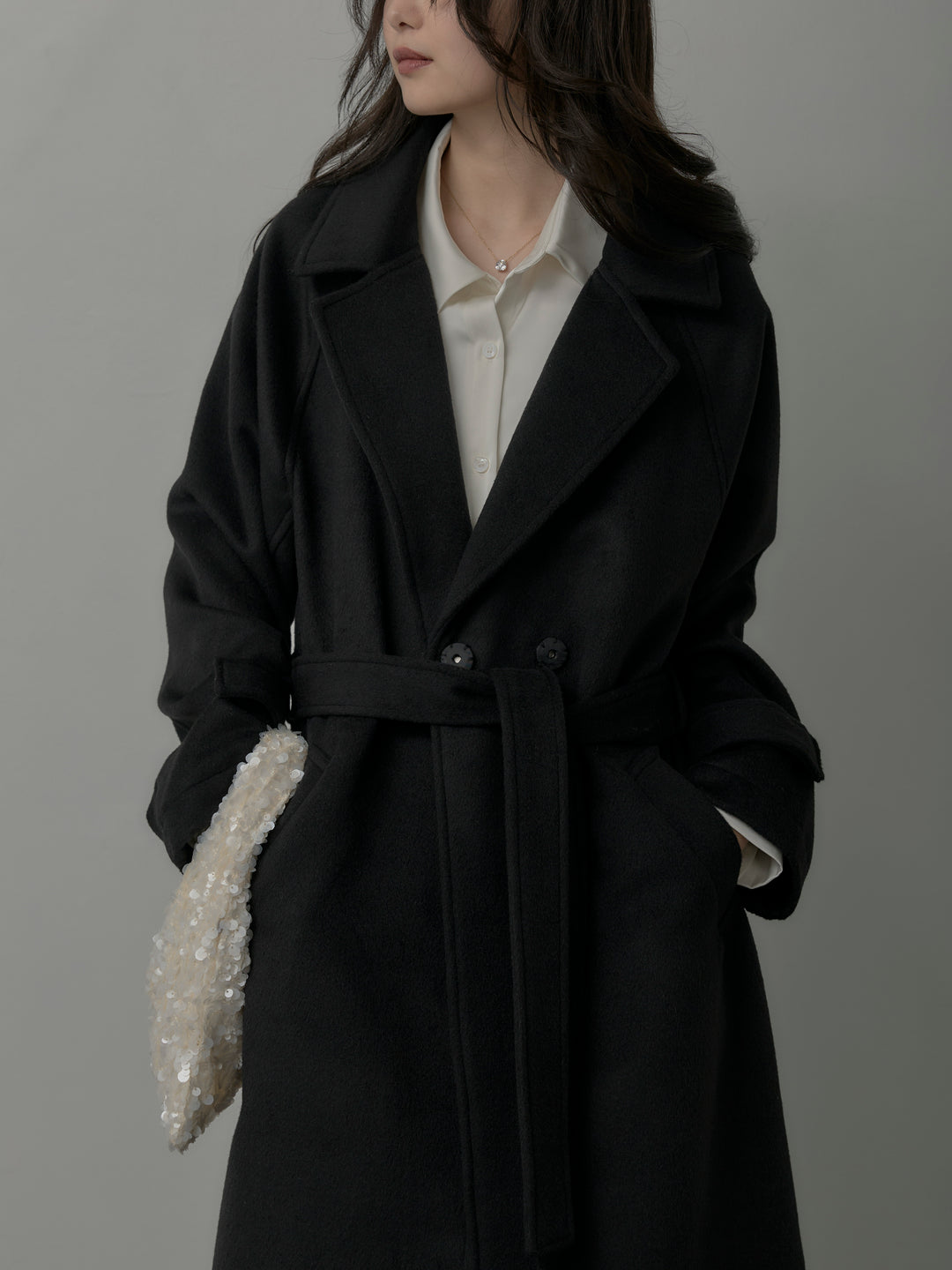 【SET】【Essential】ソフトウールリバートレンチコート+ケープ付きオーバーサテンシャツ+【Essential】３タックスラックス(3set)