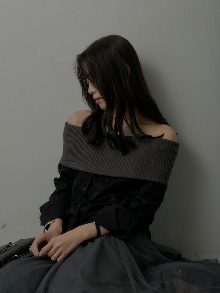 【SET】ニットシャツドッキングオフショルトップス+ボリュームチュールスカート(2set)