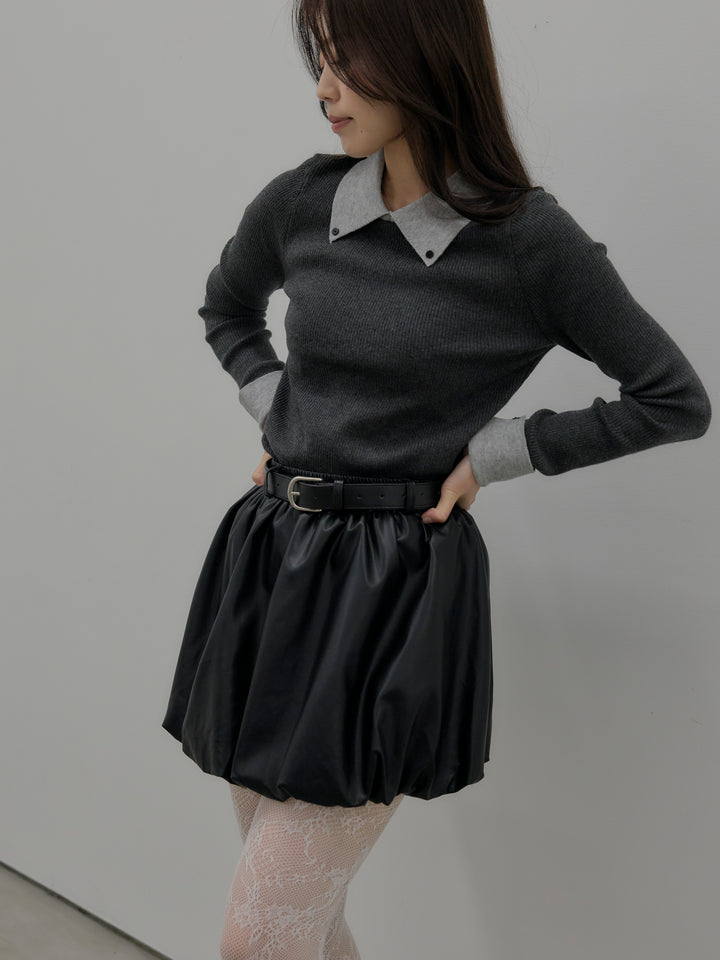 【SET】配色カフスニットポロ+ソフトレザーバルーンミニスカート(2set)