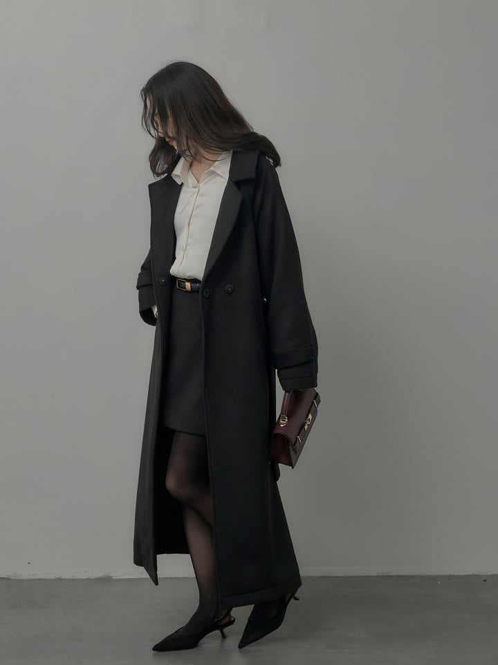 【SET】【Essential】ソフトウールリバートレンチコート+ケープ付きオーバーサテンシャツ+【Essential】ウールタッチミニスカート(3set)