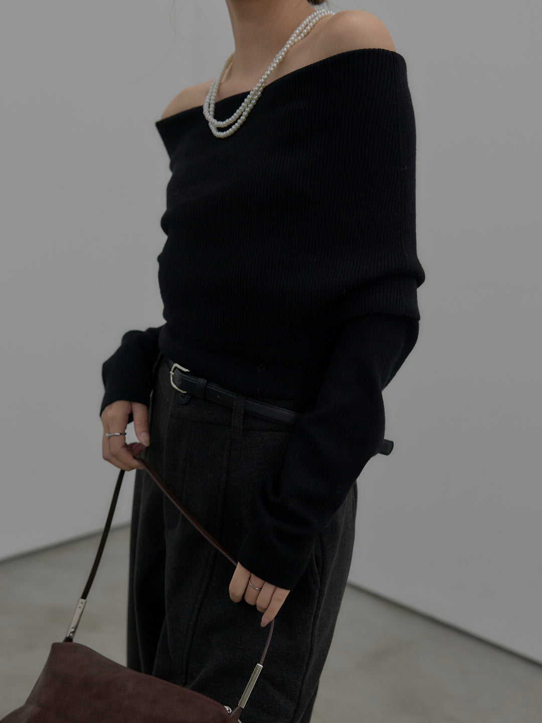 【SET】【premium touch】ソフトリブオフショルニットトップス+カーブデザインスウェットライクパンツ(2set)